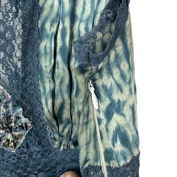 Vintage Y2K Tie Dye Embellished Silk Slip Dress Medium Blue Beaded 2000s Lace - Picture 7 of 9